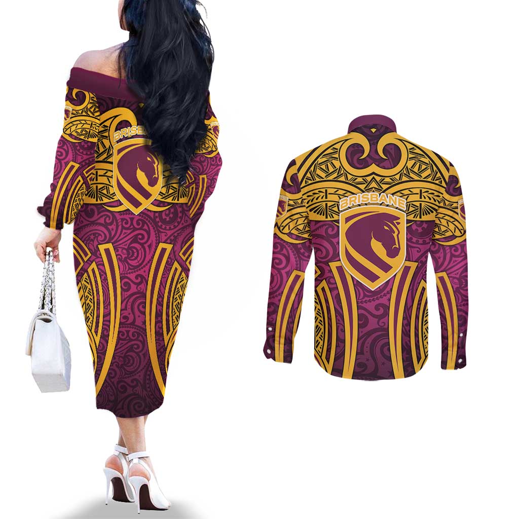 Brisbane Broncos Rugby Couples Matching Off The Shoulder Long Sleeve Dress and Long Sleeve Button Shirt Polynesian Tribal Pattern Warrior Horse Maroon Gold Pattern