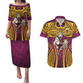 Brisbane Broncos Rugby Couples Matching Puletasi and Hawaiian Shirt Polynesian Tribal Pattern Warrior Horse Maroon Gold Pattern