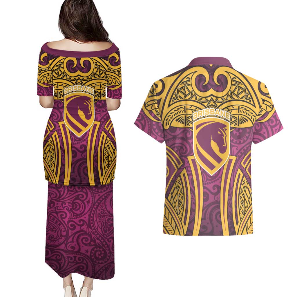 Brisbane Broncos Rugby Couples Matching Puletasi and Hawaiian Shirt Polynesian Tribal Pattern Warrior Horse Maroon Gold Pattern