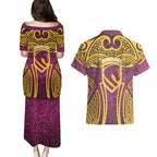 Brisbane Broncos Rugby Couples Matching Puletasi and Hawaiian Shirt Polynesian Tribal Pattern Warrior Horse Maroon Gold Pattern