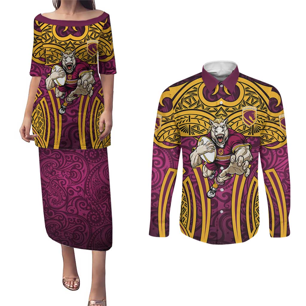 Brisbane Broncos Rugby Couples Matching Puletasi and Long Sleeve Button Shirt Polynesian Tribal Pattern Warrior Horse Maroon Gold Pattern