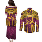 Brisbane Broncos Rugby Couples Matching Puletasi and Long Sleeve Button Shirt Polynesian Tribal Pattern Warrior Horse Maroon Gold Pattern