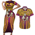 Brisbane Broncos Rugby Couples Matching Short Sleeve Bodycon Dress and Hawaiian Shirt Polynesian Tribal Pattern Warrior Horse Maroon Gold Pattern