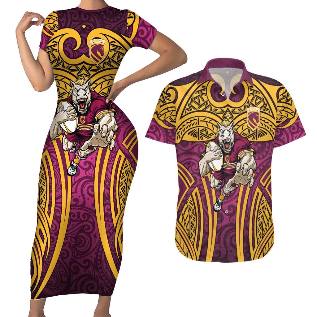 Brisbane Broncos Rugby Couples Matching Short Sleeve Bodycon Dress and Hawaiian Shirt Polynesian Tribal Pattern Warrior Horse Maroon Gold Pattern