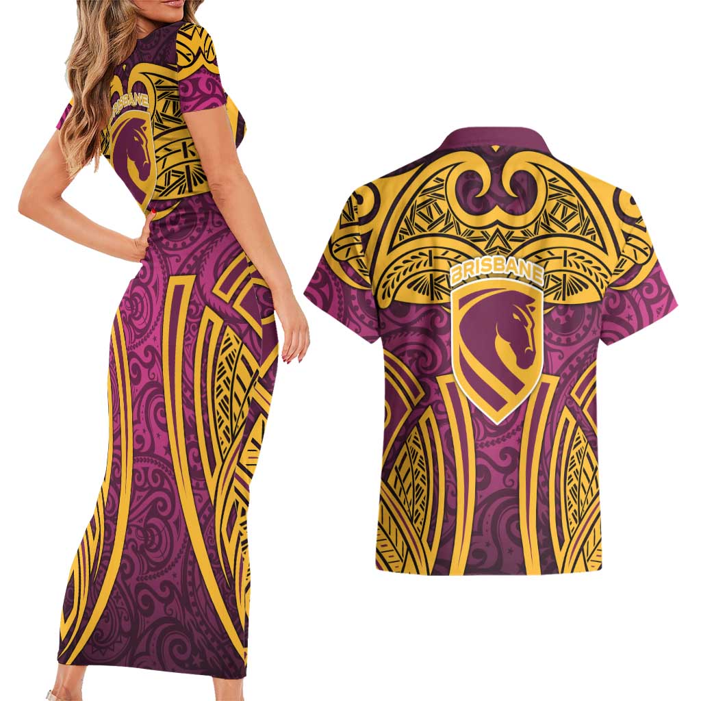 Brisbane Broncos Rugby Couples Matching Short Sleeve Bodycon Dress and Hawaiian Shirt Polynesian Tribal Pattern Warrior Horse Maroon Gold Pattern
