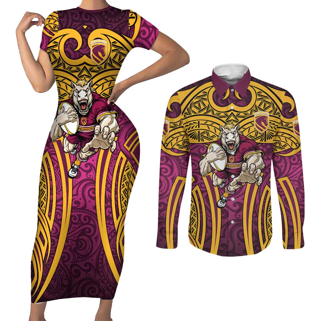 Brisbane Broncos Rugby Couples Matching Short Sleeve Bodycon Dress and Long Sleeve Button Shirt Polynesian Tribal Pattern Warrior Horse Maroon Gold Pattern