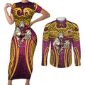 Brisbane Broncos Rugby Couples Matching Short Sleeve Bodycon Dress and Long Sleeve Button Shirt Polynesian Tribal Pattern Warrior Horse Maroon Gold Pattern