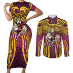 Brisbane Broncos Rugby Couples Matching Short Sleeve Bodycon Dress and Long Sleeve Button Shirt Polynesian Tribal Pattern Warrior Horse Maroon Gold Pattern