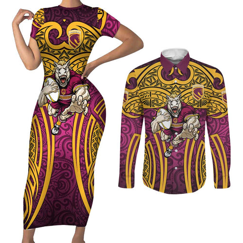 Brisbane Broncos Rugby Couples Matching Short Sleeve Bodycon Dress and Long Sleeve Button Shirt Polynesian Tribal Pattern Warrior Horse Maroon Gold Pattern
