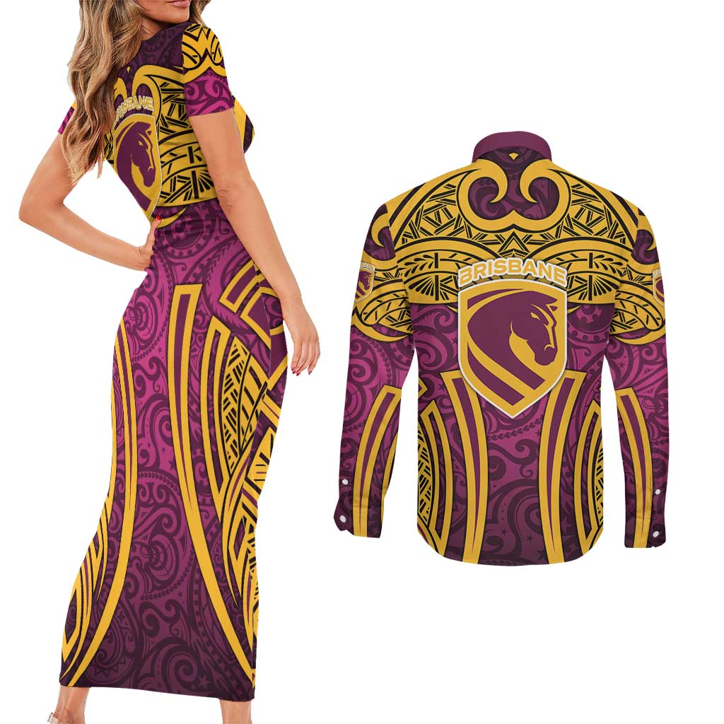 Brisbane Broncos Rugby Couples Matching Short Sleeve Bodycon Dress and Long Sleeve Button Shirt Polynesian Tribal Pattern Warrior Horse Maroon Gold Pattern