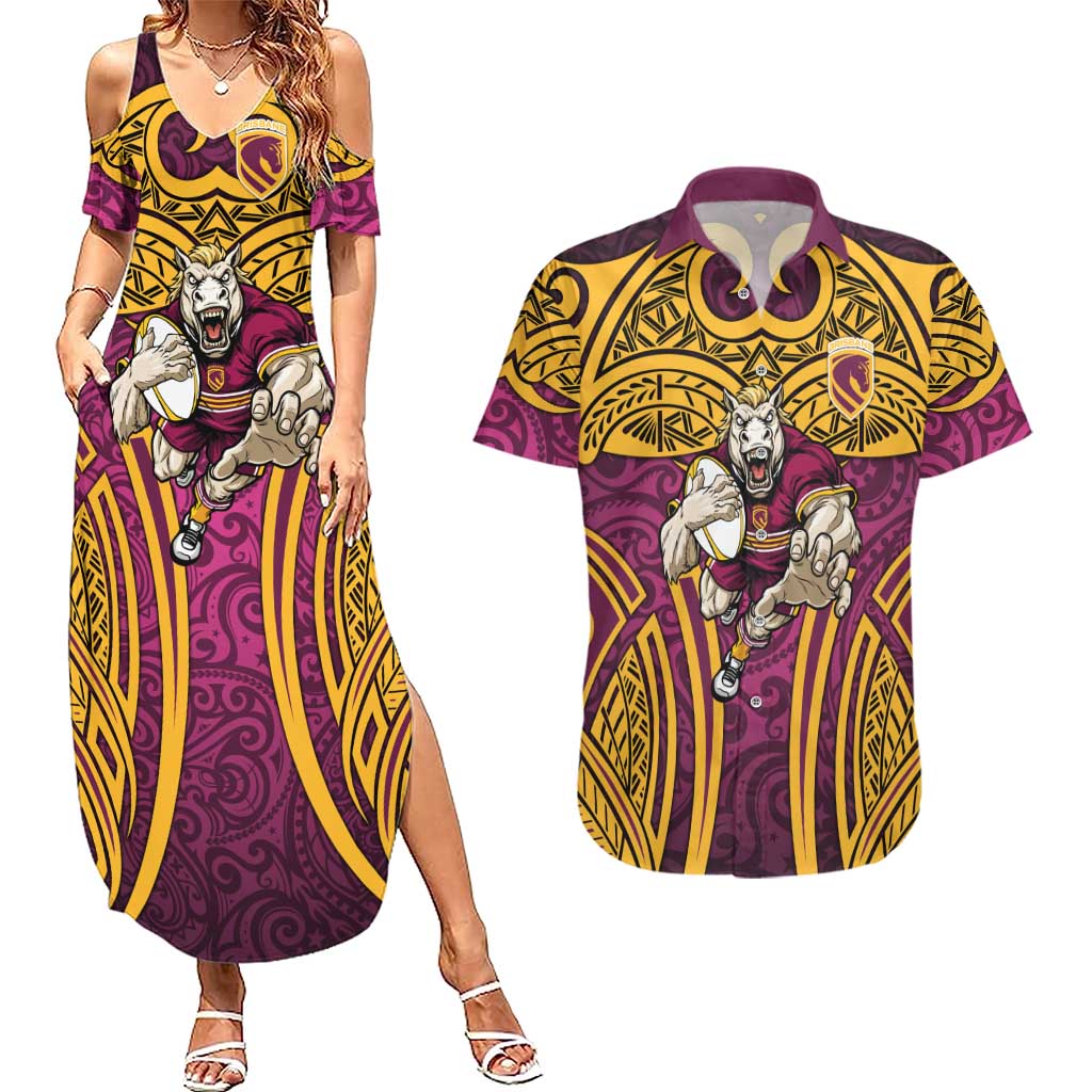 Brisbane Broncos Rugby Couples Matching Summer Maxi Dress and Hawaiian Shirt Polynesian Tribal Pattern Warrior Horse Maroon Gold Pattern