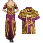 Brisbane Broncos Rugby Couples Matching Summer Maxi Dress and Hawaiian Shirt Polynesian Tribal Pattern Warrior Horse Maroon Gold Pattern