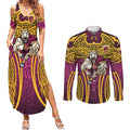 Brisbane Broncos Rugby Couples Matching Summer Maxi Dress and Long Sleeve Button Shirt Polynesian Tribal Pattern Warrior Horse Maroon Gold Pattern