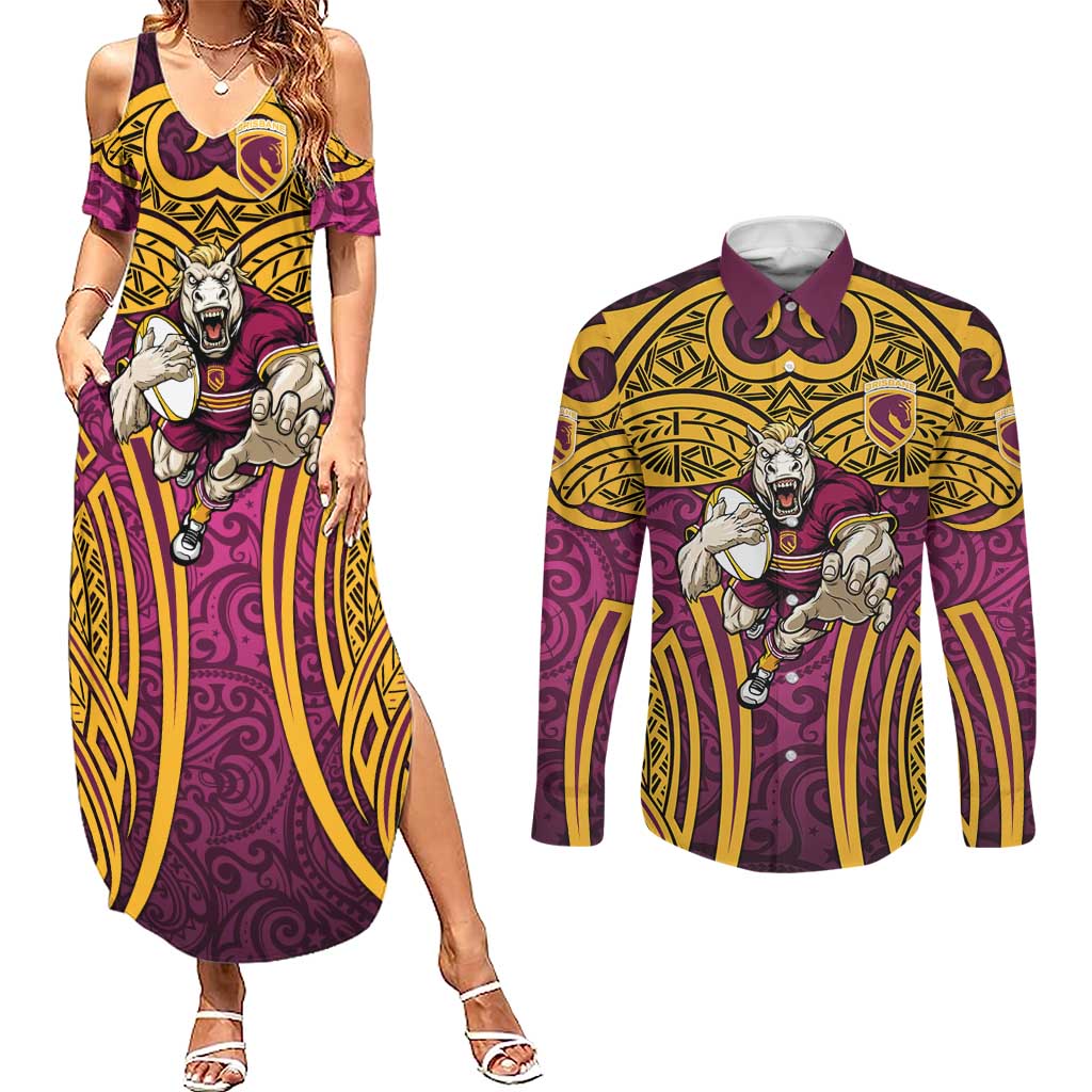 Brisbane Broncos Rugby Couples Matching Summer Maxi Dress and Long Sleeve Button Shirt Polynesian Tribal Pattern Warrior Horse Maroon Gold Pattern