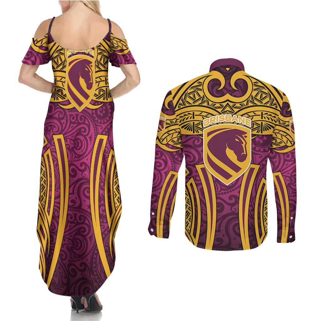 Brisbane Broncos Rugby Couples Matching Summer Maxi Dress and Long Sleeve Button Shirt Polynesian Tribal Pattern Warrior Horse Maroon Gold Pattern