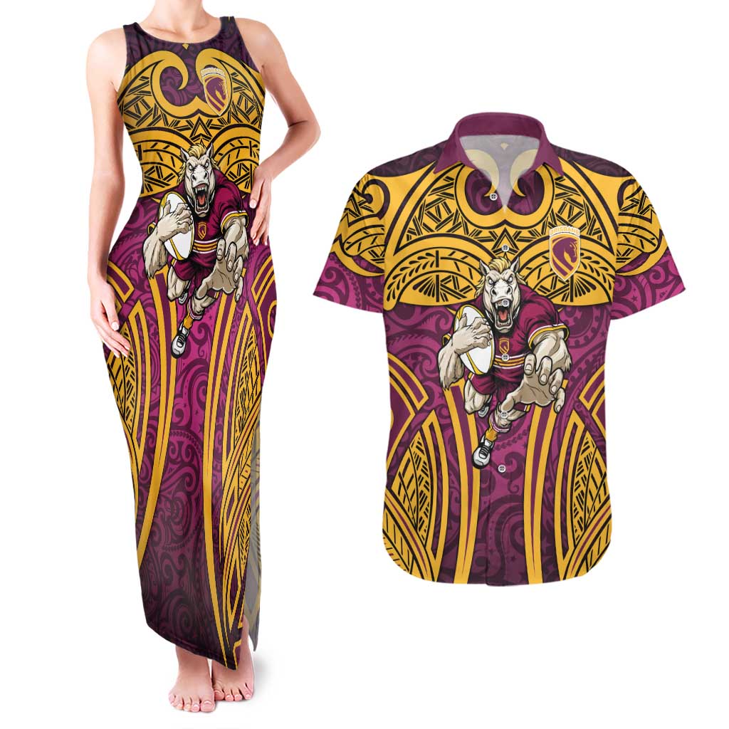 Brisbane Broncos Rugby Couples Matching Tank Maxi Dress and Hawaiian Shirt Polynesian Tribal Pattern Warrior Horse Maroon Gold Pattern