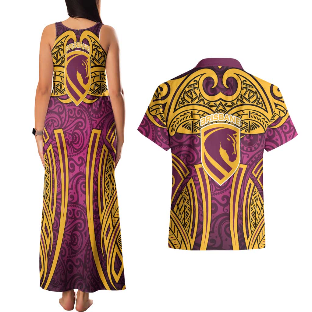 Brisbane Broncos Rugby Couples Matching Tank Maxi Dress and Hawaiian Shirt Polynesian Tribal Pattern Warrior Horse Maroon Gold Pattern