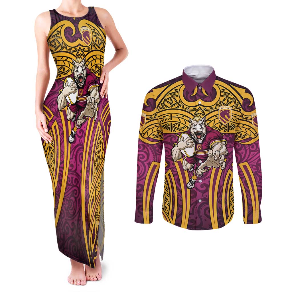 Brisbane Broncos Rugby Couples Matching Tank Maxi Dress and Long Sleeve Button Shirt Polynesian Tribal Pattern Warrior Horse Maroon Gold Pattern