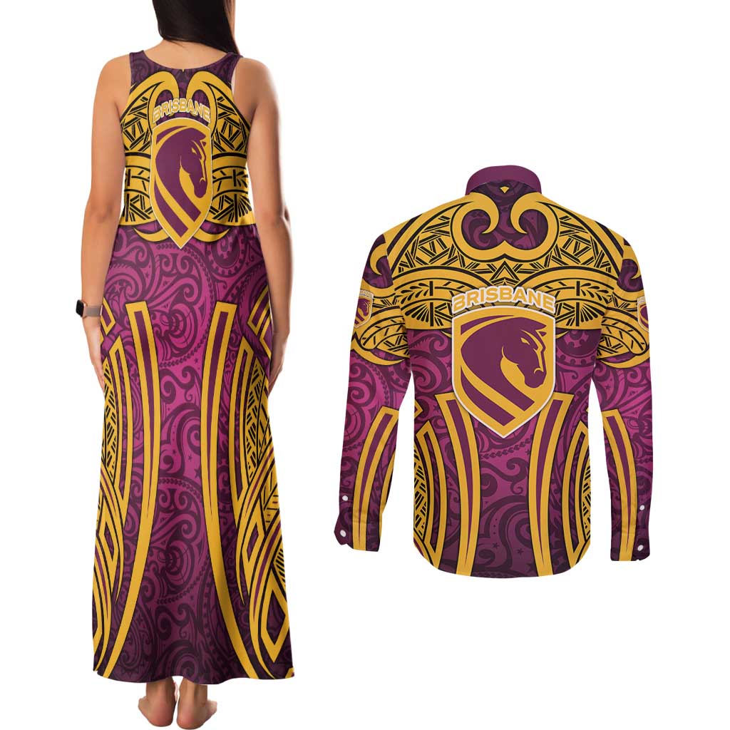 Brisbane Broncos Rugby Couples Matching Tank Maxi Dress and Long Sleeve Button Shirt Polynesian Tribal Pattern Warrior Horse Maroon Gold Pattern