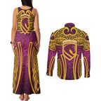 Brisbane Broncos Rugby Couples Matching Tank Maxi Dress and Long Sleeve Button Shirt Polynesian Tribal Pattern Warrior Horse Maroon Gold Pattern