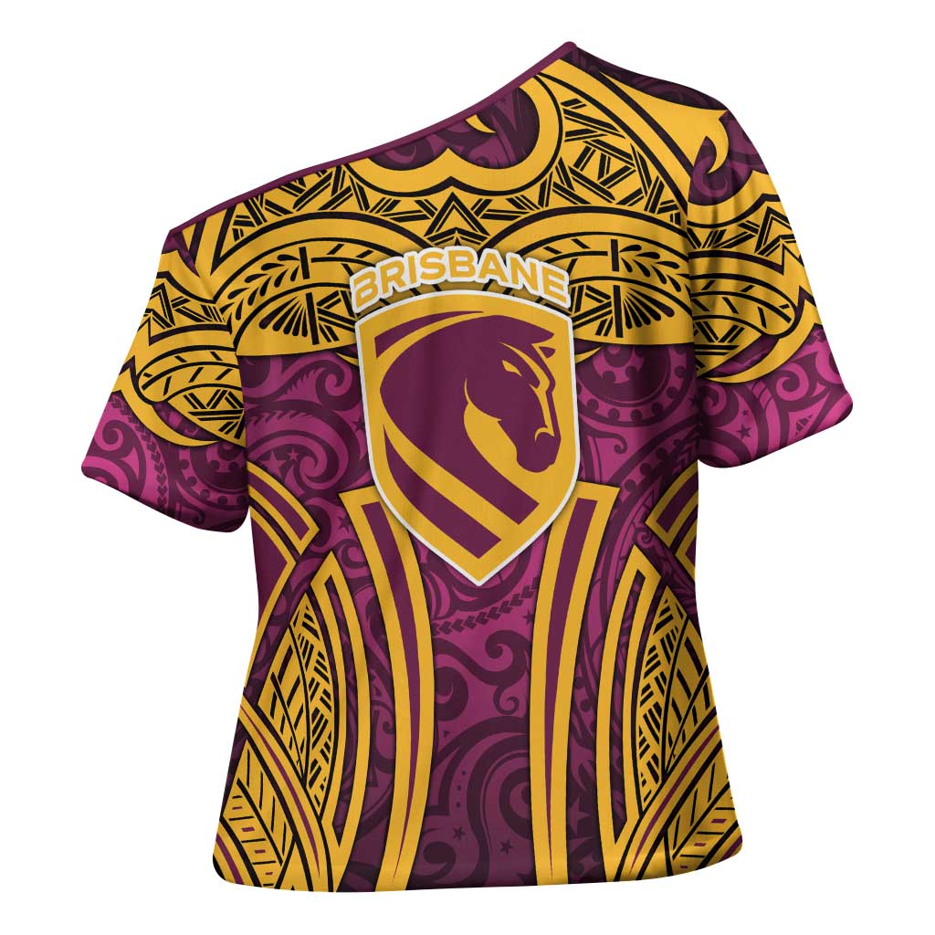Brisbane Broncos Rugby Cross Shoulder Shirt Polynesian Tribal Pattern Warrior Horse Maroon Gold Pattern