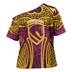 Brisbane Broncos Rugby Cross Shoulder Shirt Polynesian Tribal Pattern Warrior Horse Maroon Gold Pattern
