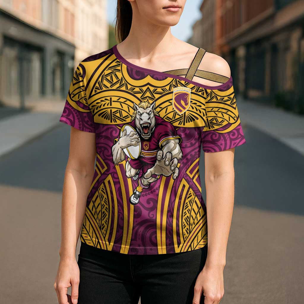 Brisbane Broncos Rugby Cross Shoulder Shirt Polynesian Tribal Pattern Warrior Horse Maroon Gold Pattern