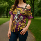 Brisbane Broncos Rugby Cross Shoulder Shirt Polynesian Tribal Pattern Warrior Horse Maroon Gold Pattern