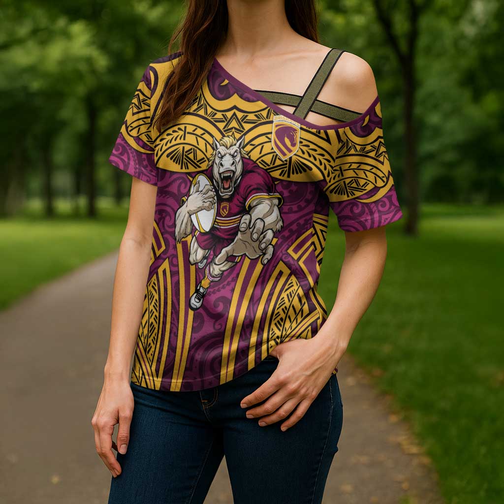 Brisbane Broncos Rugby Cross Shoulder Shirt Polynesian Tribal Pattern Warrior Horse Maroon Gold Pattern