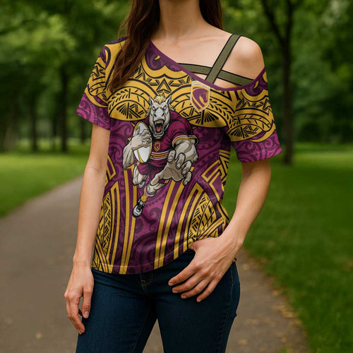 Brisbane Broncos Rugby Cross Shoulder Shirt Polynesian Tribal Pattern Warrior Horse Maroon Gold Pattern