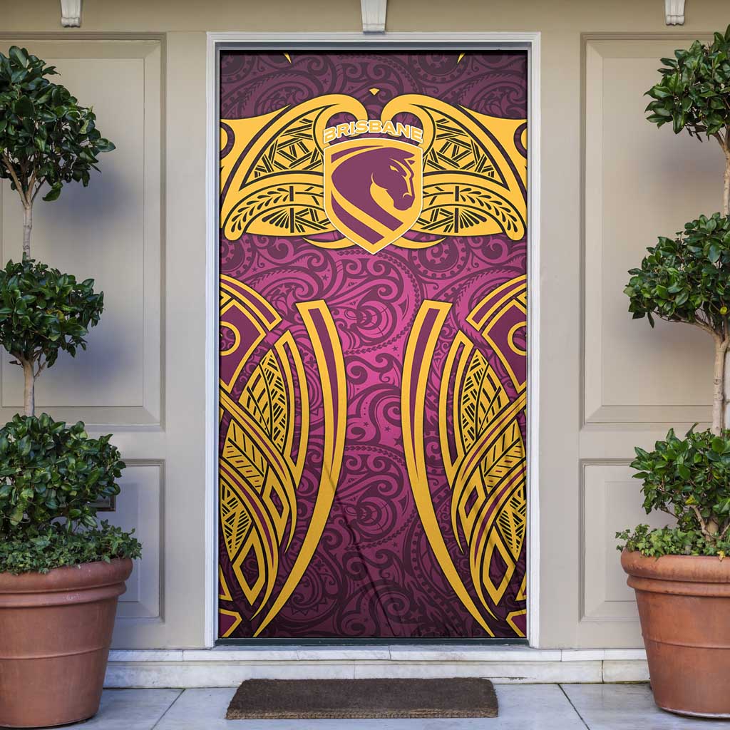 Brisbane Broncos Rugby Door Cover Polynesian Tribal Pattern Warrior Horse Maroon Gold Pattern