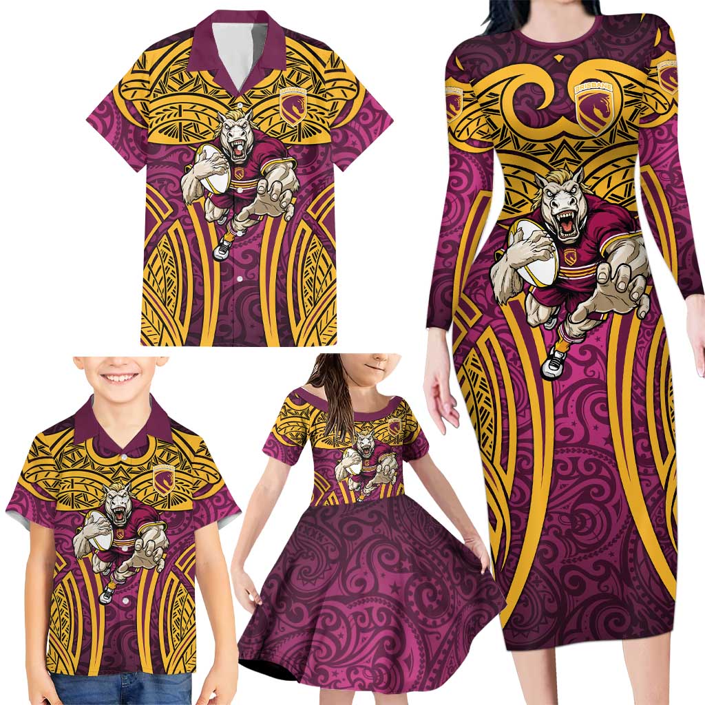 Brisbane Broncos Rugby Family Matching Long Sleeve Bodycon Dress and Hawaiian Shirt Polynesian Tribal Pattern Warrior Horse Maroon Gold Pattern