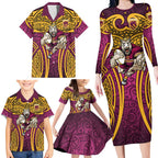 Brisbane Broncos Rugby Family Matching Long Sleeve Bodycon Dress and Hawaiian Shirt Polynesian Tribal Pattern Warrior Horse Maroon Gold Pattern