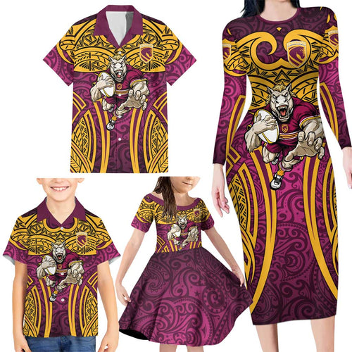 Brisbane Broncos Rugby Family Matching Long Sleeve Bodycon Dress and Hawaiian Shirt Polynesian Tribal Pattern Warrior Horse Maroon Gold Pattern