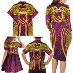 Brisbane Broncos Rugby Family Matching Long Sleeve Bodycon Dress and Hawaiian Shirt Polynesian Tribal Pattern Warrior Horse Maroon Gold Pattern