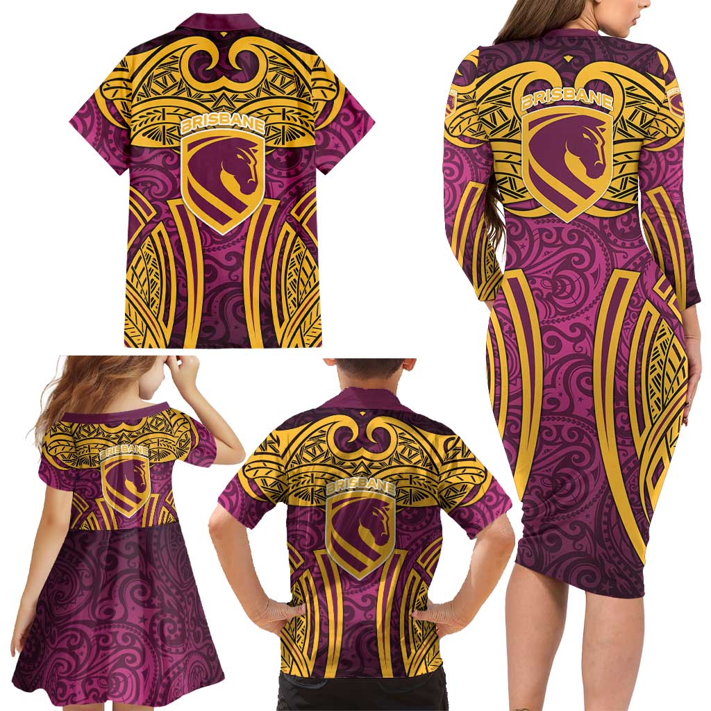 Brisbane Broncos Rugby Family Matching Long Sleeve Bodycon Dress and Hawaiian Shirt Polynesian Tribal Pattern Warrior Horse Maroon Gold Pattern