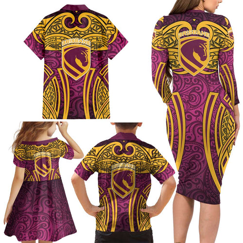 Brisbane Broncos Rugby Family Matching Long Sleeve Bodycon Dress and Hawaiian Shirt Polynesian Tribal Pattern Warrior Horse Maroon Gold Pattern