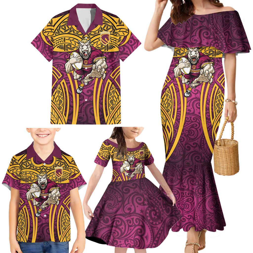 Brisbane Broncos Rugby Family Matching Mermaid Dress and Hawaiian Shirt Polynesian Tribal Pattern Warrior Horse Maroon Gold Pattern