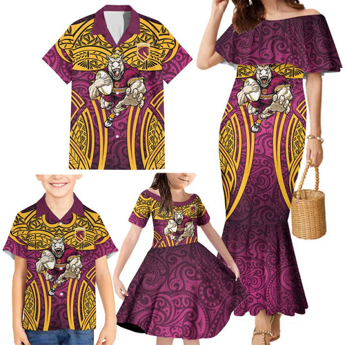 Brisbane Broncos Rugby Family Matching Mermaid Dress and Hawaiian Shirt Polynesian Tribal Pattern Warrior Horse Maroon Gold Pattern