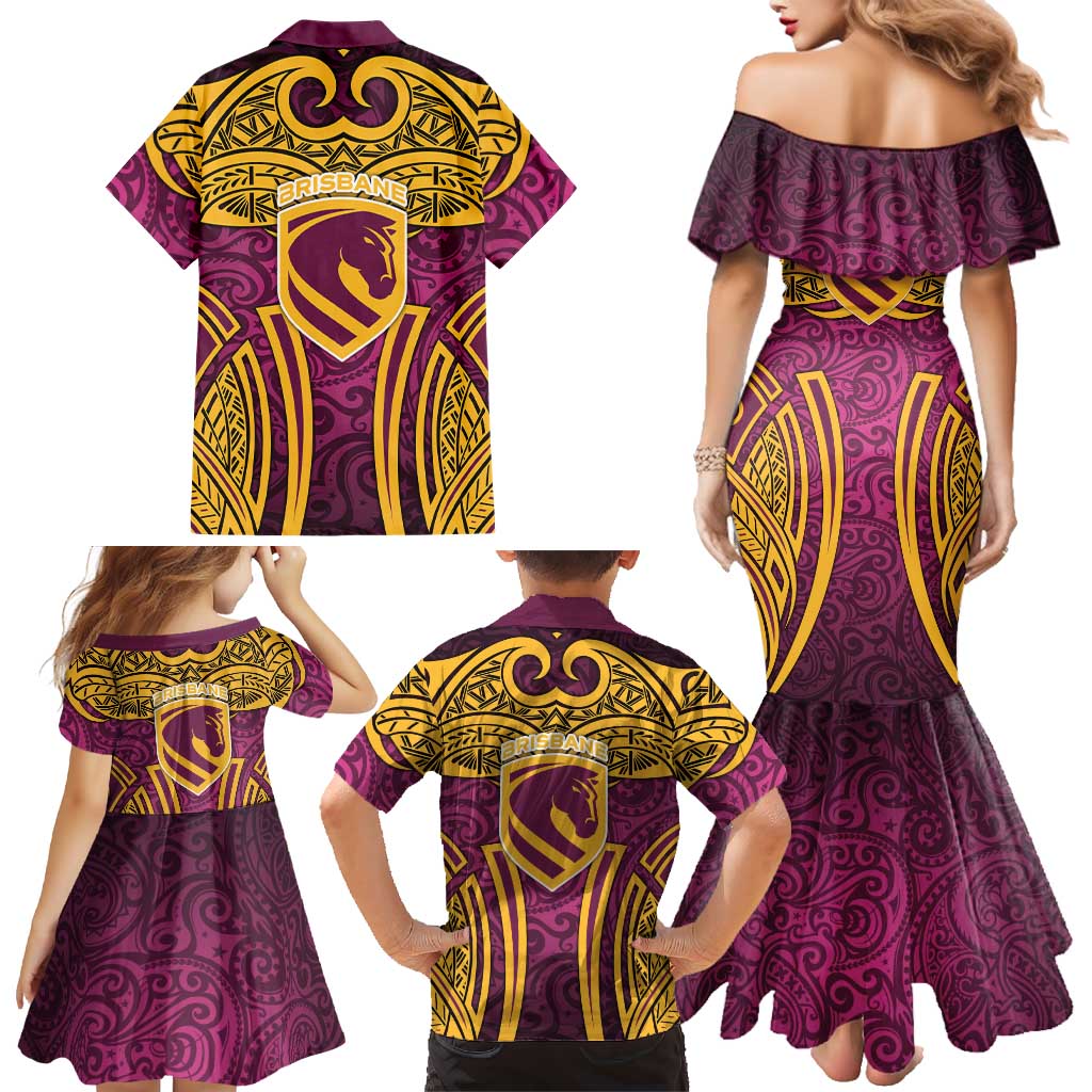 Brisbane Broncos Rugby Family Matching Mermaid Dress and Hawaiian Shirt Polynesian Tribal Pattern Warrior Horse Maroon Gold Pattern