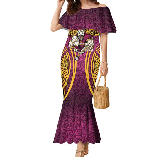 Brisbane Broncos Rugby Family Matching Mermaid Dress and Hawaiian Shirt Polynesian Tribal Pattern Warrior Horse Maroon Gold Pattern