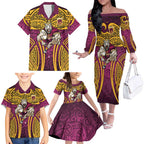Brisbane Broncos Rugby Family Matching Off The Shoulder Long Sleeve Dress and Hawaiian Shirt Polynesian Tribal Pattern Warrior Horse Maroon Gold Pattern