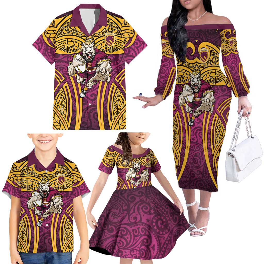 Brisbane Broncos Rugby Family Matching Off The Shoulder Long Sleeve Dress and Hawaiian Shirt Polynesian Tribal Pattern Warrior Horse Maroon Gold Pattern