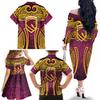 Brisbane Broncos Rugby Family Matching Off The Shoulder Long Sleeve Dress and Hawaiian Shirt Polynesian Tribal Pattern Warrior Horse Maroon Gold Pattern
