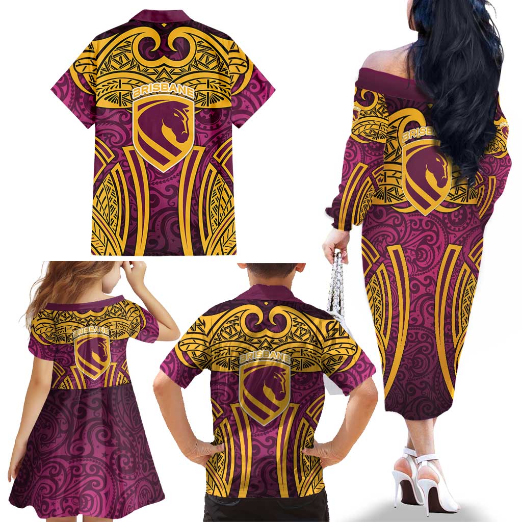 Brisbane Broncos Rugby Family Matching Off The Shoulder Long Sleeve Dress and Hawaiian Shirt Polynesian Tribal Pattern Warrior Horse Maroon Gold Pattern