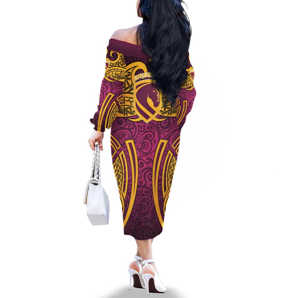 Brisbane Broncos Rugby Family Matching Off The Shoulder Long Sleeve Dress and Hawaiian Shirt Polynesian Tribal Pattern Warrior Horse Maroon Gold Pattern