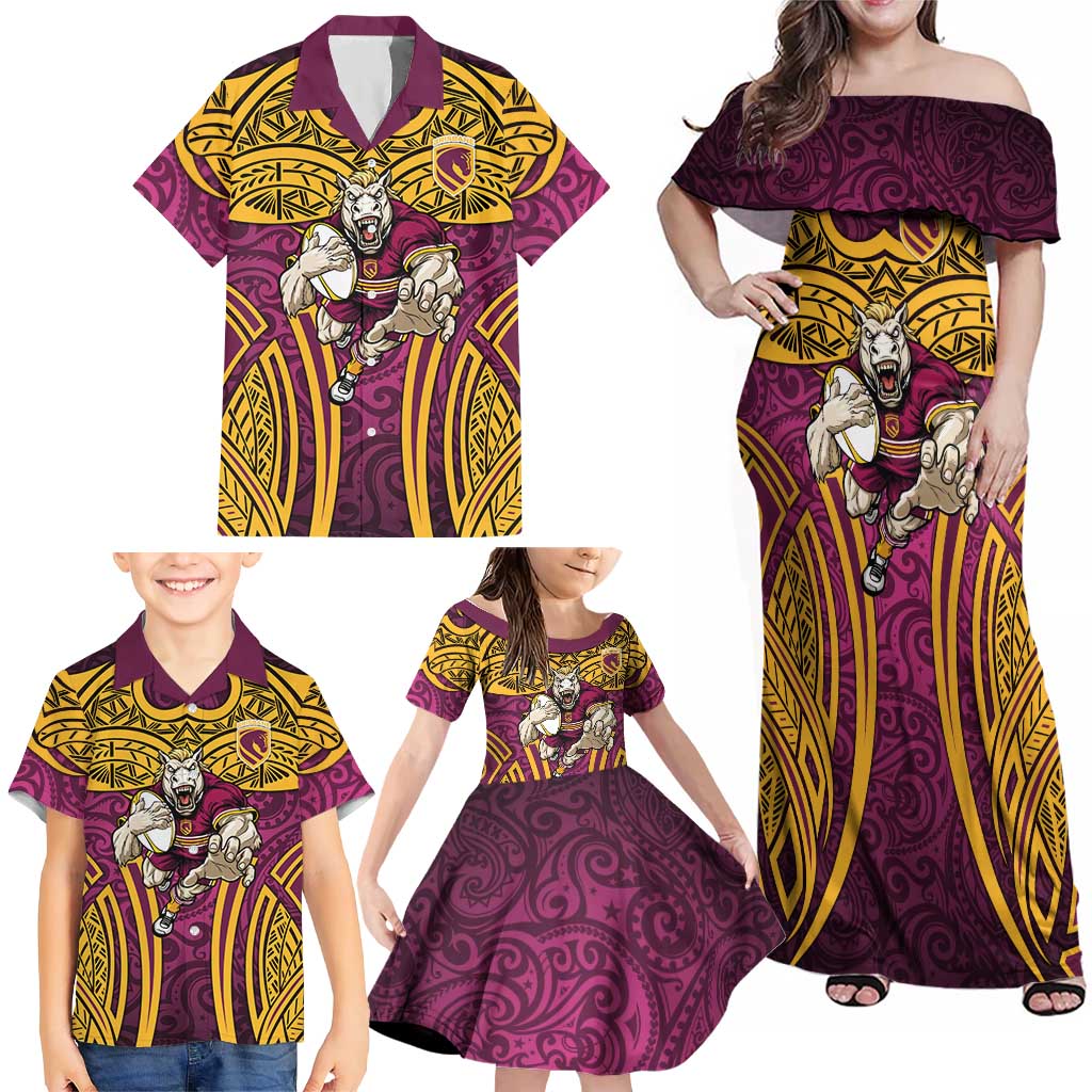 Brisbane Broncos Rugby Family Matching Off Shoulder Maxi Dress and Hawaiian Shirt Polynesian Tribal Pattern Warrior Horse Maroon Gold Pattern