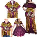 Brisbane Broncos Rugby Family Matching Off Shoulder Maxi Dress and Hawaiian Shirt Polynesian Tribal Pattern Warrior Horse Maroon Gold Pattern
