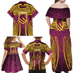 Brisbane Broncos Rugby Family Matching Off Shoulder Maxi Dress and Hawaiian Shirt Polynesian Tribal Pattern Warrior Horse Maroon Gold Pattern