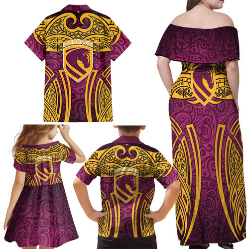 Brisbane Broncos Rugby Family Matching Off Shoulder Maxi Dress and Hawaiian Shirt Polynesian Tribal Pattern Warrior Horse Maroon Gold Pattern